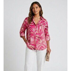 Women's - Haver London Pink Tropical Leaf Satin Blouse, Size Medium
